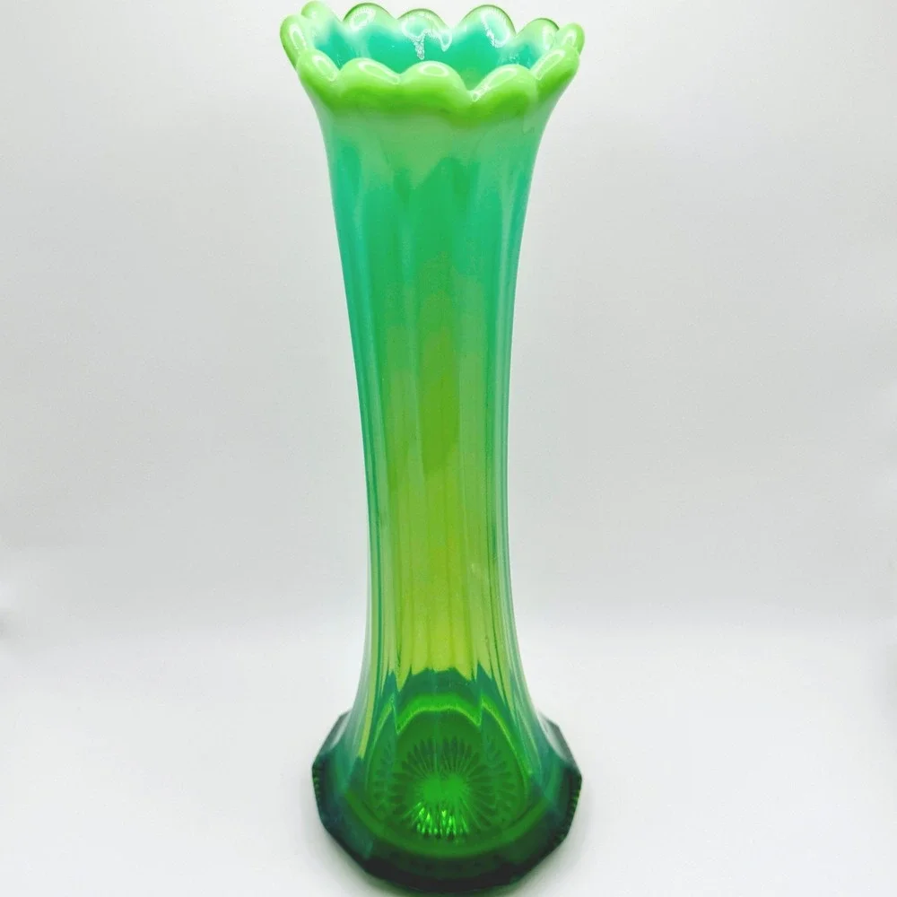 Vintage Green Opalescent Glass Vase 10